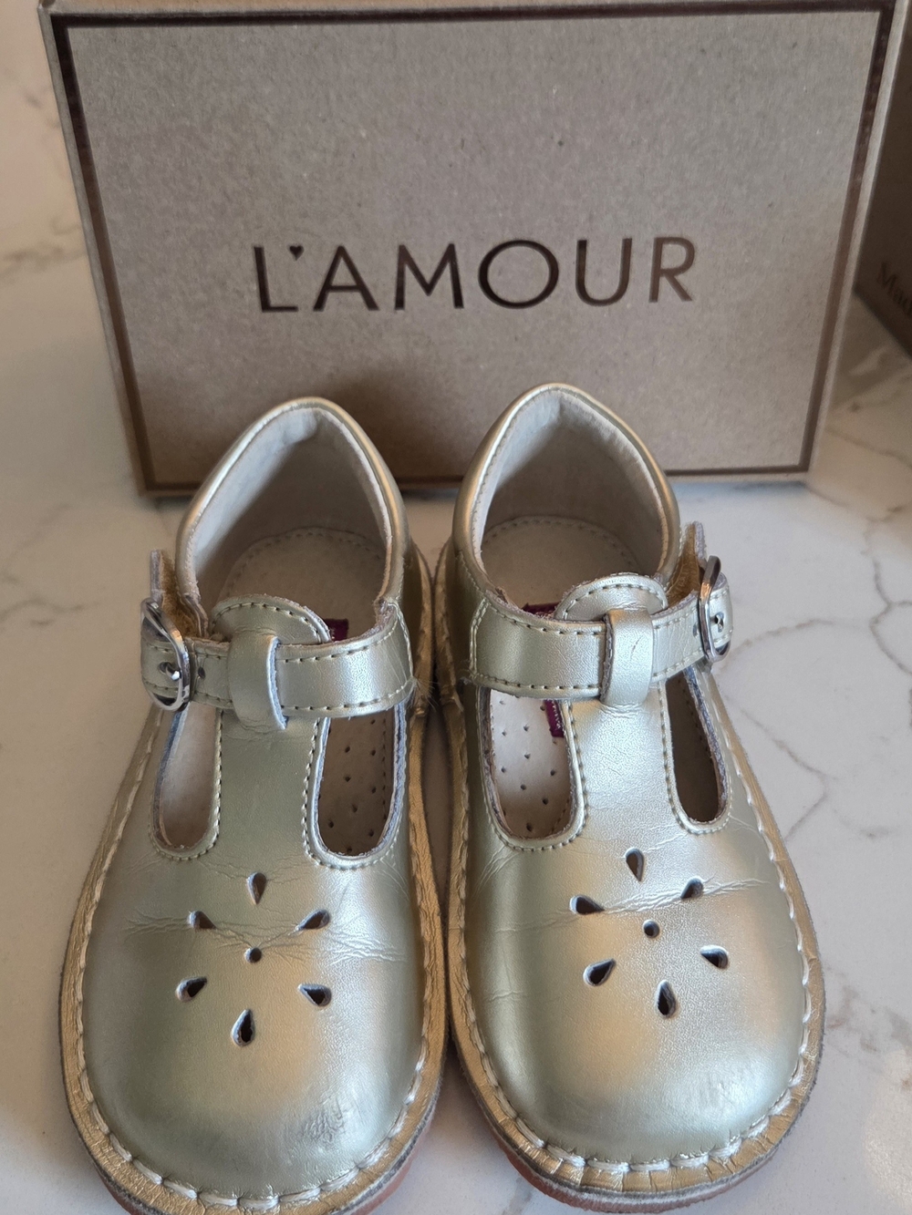 L'Amour Girls' Metallic Gold T-Strap Leather Dress Shoes